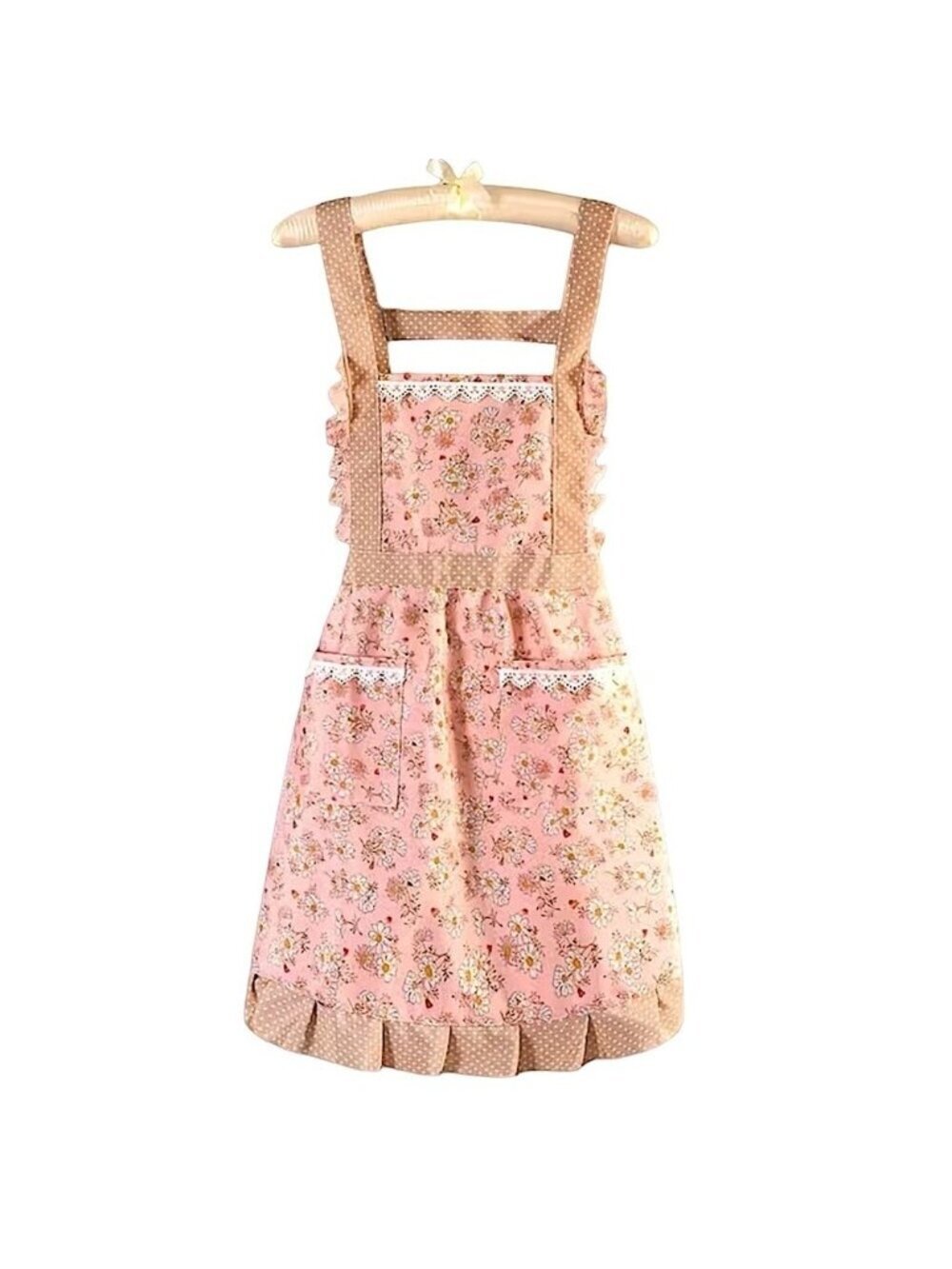 Apron Retro Bib Style Adjustable Waist Tie Floral Polka Dot Womens Pink Tan OS - Picture 2 of 16